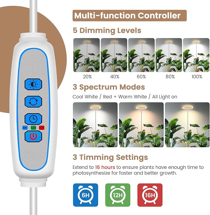 Kullsinss Grow Lights for Indoor Plants, Full Spectrum Plant Grow Light with 6/12/16H Timer, 3 Color Modes, 5 Brightness, 10"-65" Height Adjustable Growing Lamp for Large Indoor Plants (2 Pack)