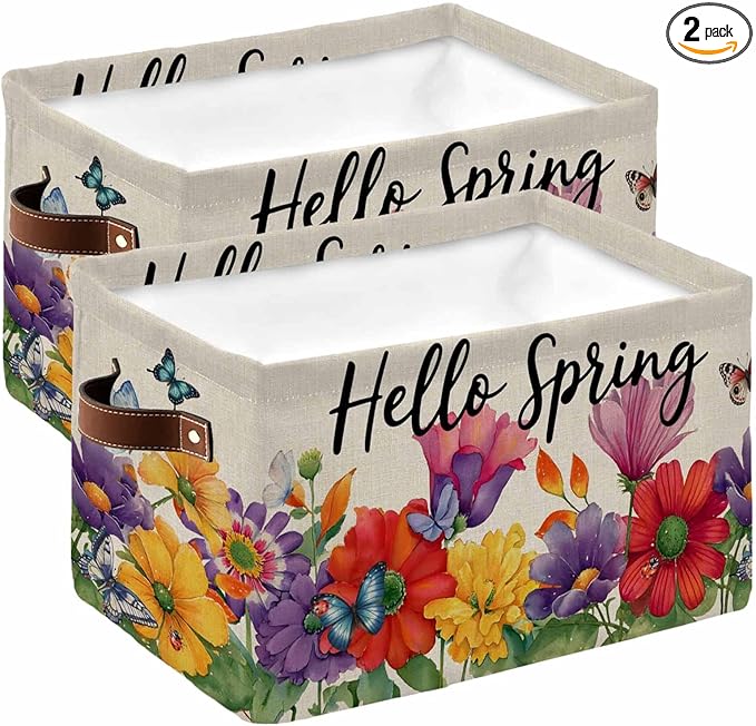 Spring Flowers Storage Bins Cubes Waterproof Cloth Storage Basket,Farmhouse Vintage Country Colorful Floral Foldable Storage Bags for Shelf Clothes Storages Organizers with Handles 15x11x9.5 in 2PCS