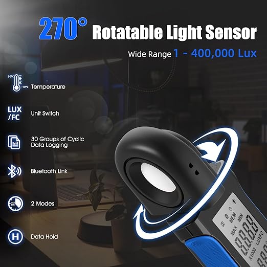 Light Lux Meter with Bluetooth, AIOMEST Digital Lumen Tester 0.1 Lux, 1-400,000 Lux/FC Range, 270° Rotated Sensor, Luxometer for Indoor Plant, Photography, Aquarium