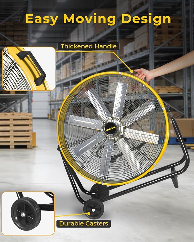 VENTISOL 24 Inch Industrial Floor Fan, 3-Speed High Velocity Shop Fan with 8 Blades, Heavy Duty Drum Fan 9500 CFM, Large Metal Garage Fans for Warehouse, Outdoor, Commercial