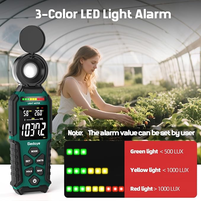 Light Meter Lux Foot Candles Meter 0~400,000 Lux Range, Large Backlit Display, Light Meter for Plants Luxmeter Light Meter Digital Illuminance Meter Handheld
