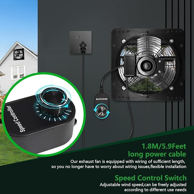 Shutter Exhaust Fan, 14 in Wall Mount Ventilation Fan w/Speed Controller Attic Vent Fan for Chicken Coops, Greenhouse, Gable, Barn, Garage, Shed Ventilator 1088 CFM,1700 RPM