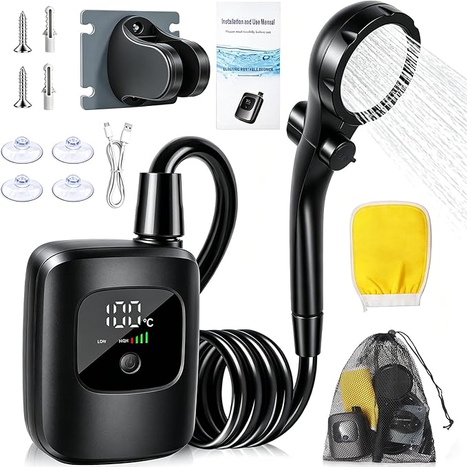 Smart Portable Shower Pump, Rechargeable 2400/6000mAh Battery Powered Outdoor Shower, IPX8 Waterproof, with Intelligent LED Display & 4 Spray Modes, for Outdoors, Camping (Type-A)