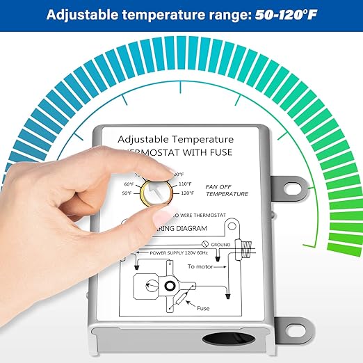 Simple Deluxe 14 Inch Wall Mounted Shutter Aluminum Exhaust Fan with Temperature Controller and Power Cord Kit, 1600 RPM, 1000 CFM, for Attic, Garage, Louvered Vent, Plant, Greenhouse, Silver