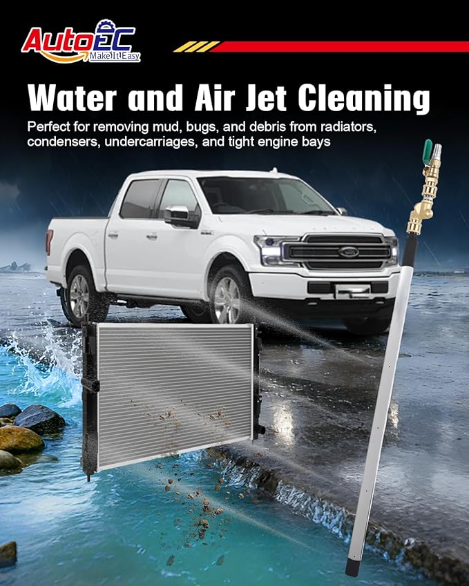 AutoEC Radiator Cleaning Wand, 40" & 24" Water Air Radiator Cleaner, 4500 PSI Stainless Steel Water Air Cleaning Wands for Cars, 180° Swivel Joint & Brush for Trucks, Medium Heavy Equipment