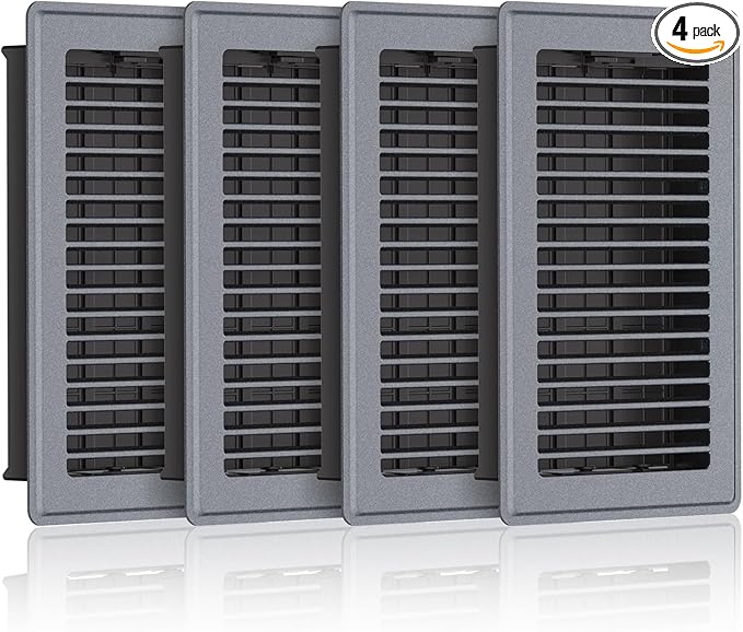 6 x 10 Floor Register, Gray Heavy-Duty Steel Vent Covers for Home Floor with Adjustable Airflow Control Lever, Easy Installation and Quiet Operation for HVAC Systems - 4 Pack