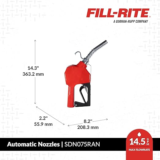Fill-Rite SDN075RAN ¾" 3 to 15 GPM Automatic Standard Duty Fuel Transfer Nozzle, Red - For Gasoline, Diesel, Biodiesel up to B20, E15 & Kerosene