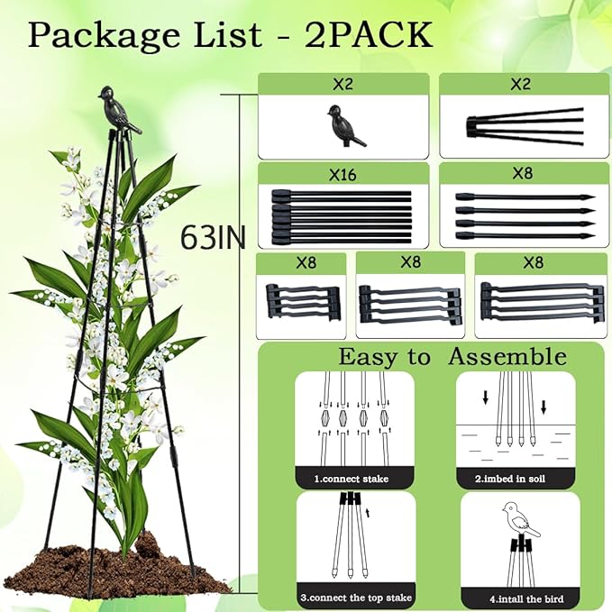 2 Pack Garden Trellis for Climbing Plants,63inch Tall Plants Trellis Support with Adjustable Stake Arms,Plastic Coated Rustproof Metal Pipe Supports for Outdoor Indoor, Potted Plants, Tomato, Rose