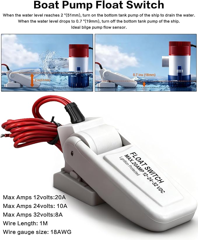 1100 GPH Boat Bilge Pump 12V with Automatic Boat Pump Float Switch Marine Bilge Water Pump High-Flow Fully Bilge Pumps for Boats, Yachts