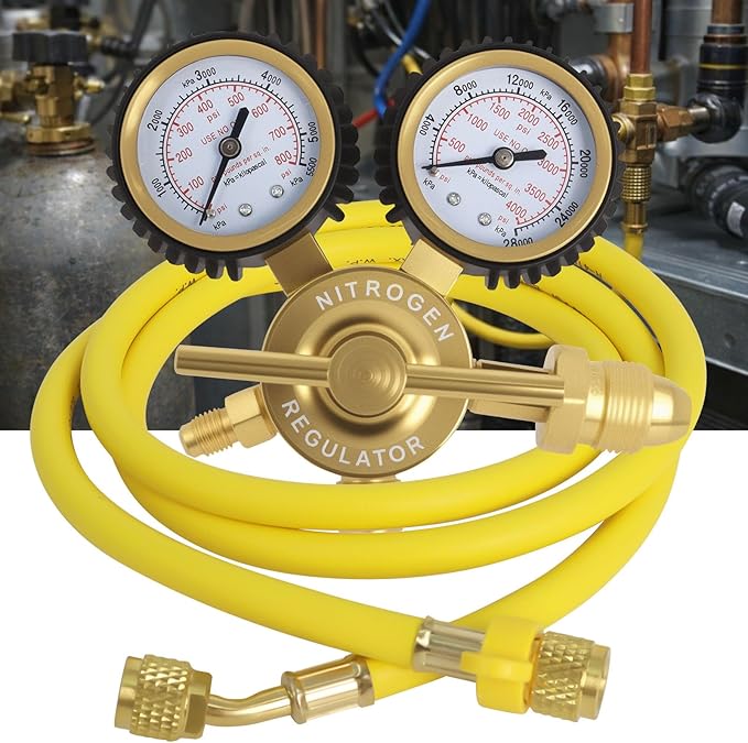 Nitrogen Regulator 0–800 PSI CGA580 with Dual Gauges & 60" Reinforced Hose, 1/4" Male Flare Outlet – Solid Brass Nitrogen Tank Pressure Regulator for HVAC Purging, Leak Testing & Charging Systems