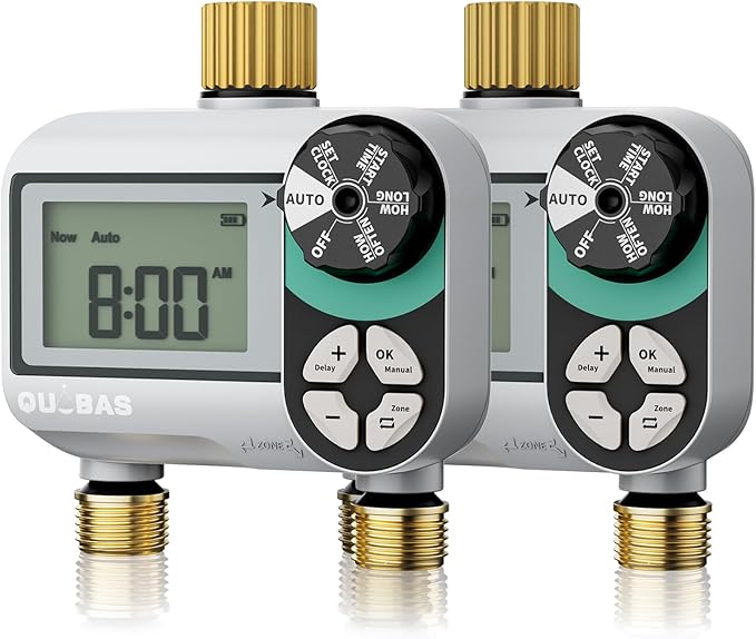 QUOBAS Brass Sprinkler Timer 2 Pack, Programmable Water Hose Timer for Garden Hose Faucet with Waterproof LCD Screen, Rain Delay/Manual/Automatic Irrigation Watering System for Garden, Lawn, Yard