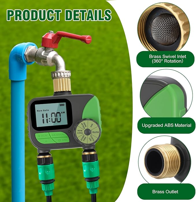 Kingdder Water Timer, Sprinkler Timer with Brass Inlet and Outlet Programmable Garden Hose Faucet with Rain Delay/Manual/Automatic Irrigation System for Yard Lawn IP54 Waterproof(2 Outlet)