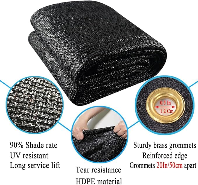 90% Black Shade Cloth, 12X15 Ft Garden Sun Shade Proof Cover, Outdoor Shade Netting with Grommets, UV Protection Breathable Sunshade Mesh Fabric for Patio, Greenhouse, Pergola, Potted Plant