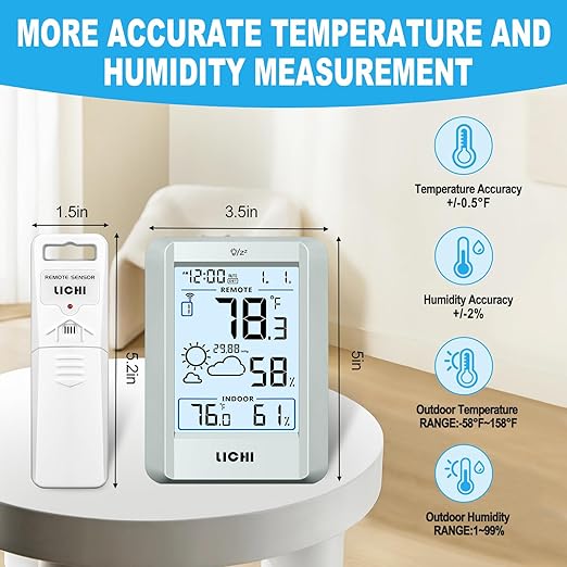 Indoor Outdoor Thermometer Wireless Weather Station External Thermometer Hygrometer Monitor with 330ft Range Remote Sensor, Battery Operated Backlit Display (Grey)