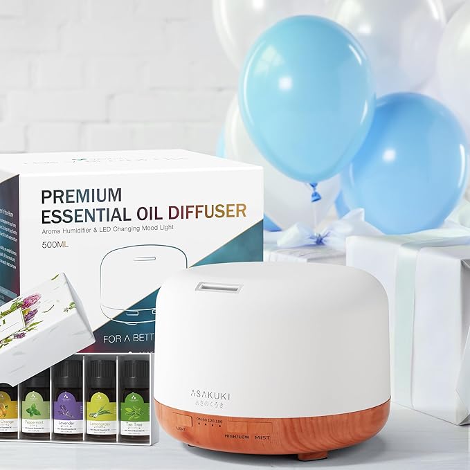 ASAKUKI Oil Diffuser with Essential Oils Set, 500ml Aromatherapy Humidifier with 14 LED Colors & Auto Shut-Off - 6 Oil Gift for Mom (Lavender Eucalyptus Tea Tree Orange Peppermint Lemongrass)