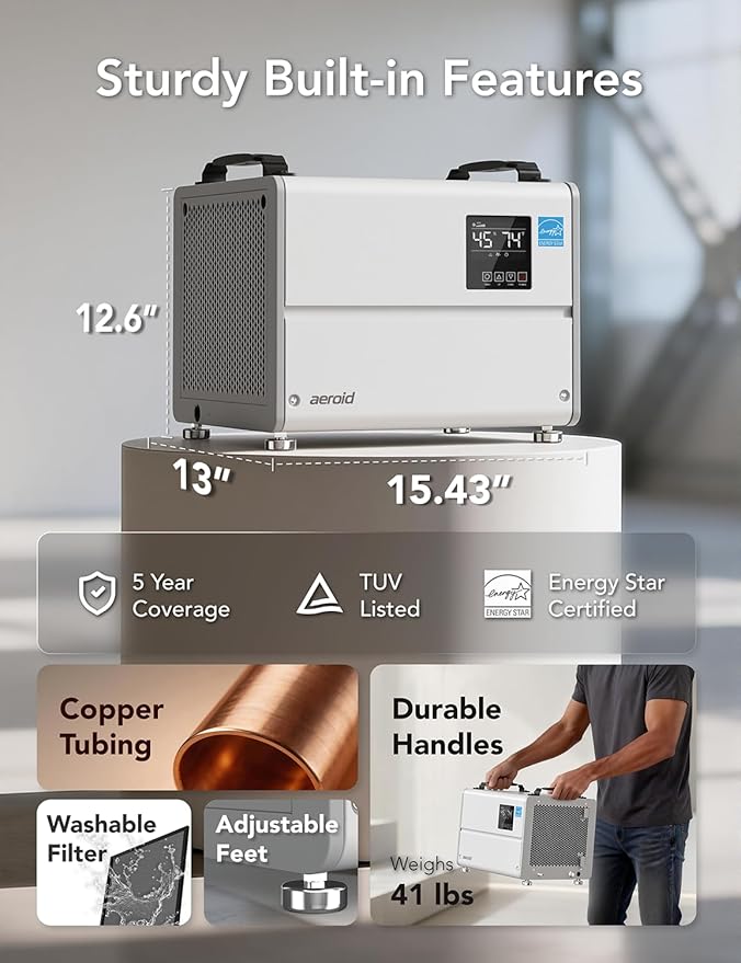 Aeroid 70 Pints Crawl Space Dehumidifier with Built-in Pump and Drain Hose, Portable Commercial Dehumidifier for Basement and Whole Home, Smart Automatic Defrost, Memory Start, Energy Star Certified
