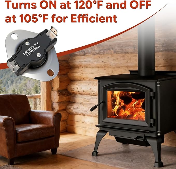 Snap Disc Thermostat Switch 120°F On 105°F Off Compatible with Fireplace Blower Fan Wood Stove Temp Sensor Furnaces RV Refrigerator Cooling Fan Thermal Control