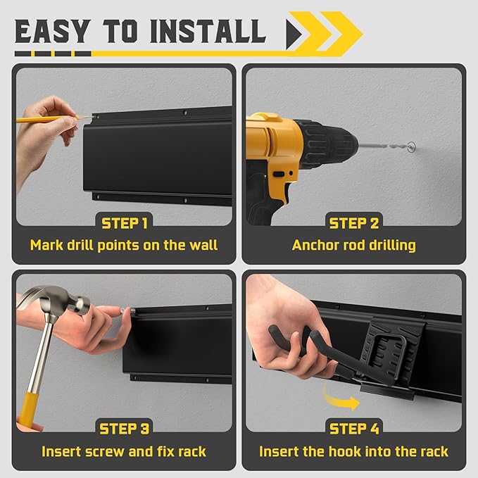 96" Garage Tool Organizer Wall Mount, 1250lbs Heavy Duty Garden Tool Storage Rack with 15 Adjustable Hooks for Yard, Shed, Garage (6 Racks, 15 Hooks, 2 Straps, Steel)