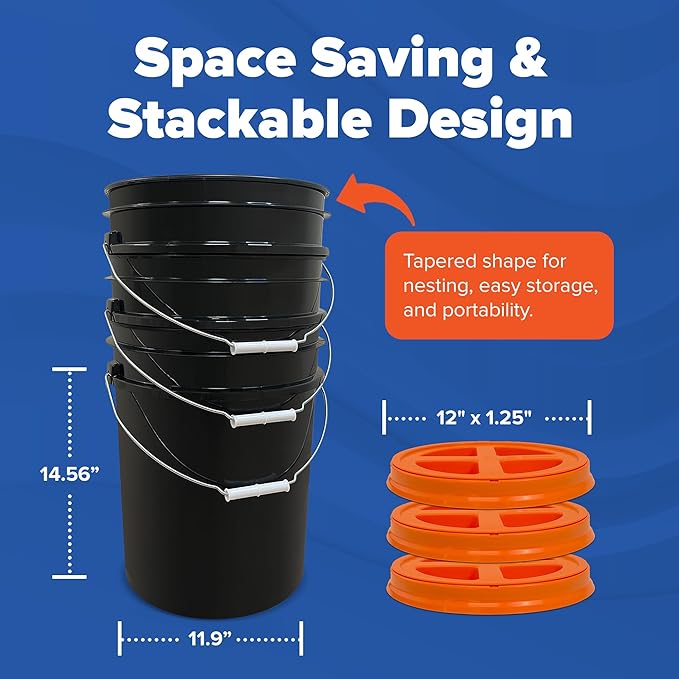 ePackageSupply 5 Gallon Bucket - Food Grade Bucket with Airtight Gamma Seal Screw-On Lid, BPA-Free, Heavy-Duty 90 Mil HDPE Plastic, Bulk Storage, Durable Container, Made in USA, Black/Orange, 6 Packs