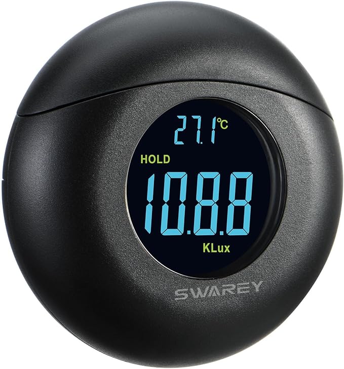 Light Meter Digital Illuminance Meter Handheld Ambient Measurer with 360° Detector, Measurer with Range up to 200,000 lux with LCD Display, Light Meter for Factories, Warehouses, Offices