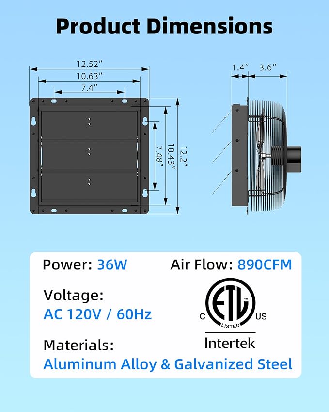10'' Upgraded Shutter Exhaust Fan with Thermostat & Remote, 890 CFM Wall Mounted Attic Exhaust Fan, Auto On/Off by Temperature for Garage, Greenhouses, Sheds, Chicken Coops & Basement