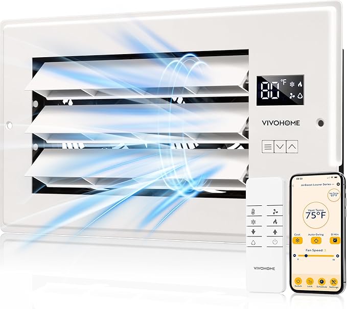 VIVOHOME Register Booster Fan - 6'' x 12'' Opening with Adjustable Louver - Smart Thermostat & 10-Speed WIFI App Control - AC Vent Fan for Floor, Ceiling, Wall - Quiet Operation (White)