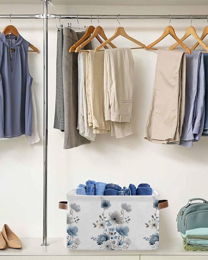 Blue Grey Floral Storage Bins Cubes Waterproof Cloth Storage Basket, Watercolor Flowers Farmhouse Foldable Storage Bags for Shelf Closet Clothes Organizers with Handles 15x11x9.5 in 1PCS