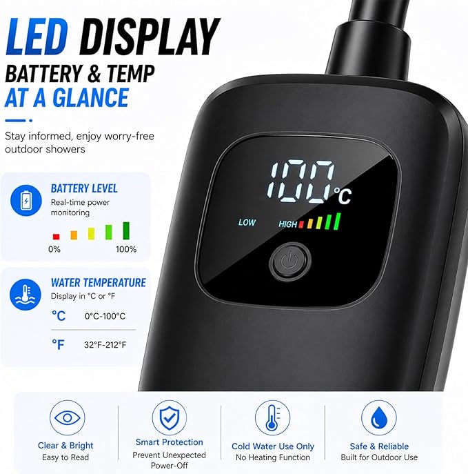 2026 Upgraded Smart Portable Shower Pump,Rechargeable Camping Shower with LED Display,3 Spray Modes High Pressure Portable Shower Head for Camping,Travel,Hiking,Pet Bath