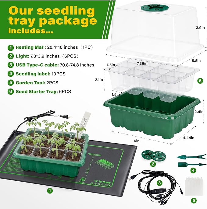 KEOHOLI Seed Starter Kit with Grow Light and Heat Mat, 6 Pack 12-Cell Seedling Trays with LED Panels, Adjustable Timer & Dimmer Indoor Plant Propagation Station for Herbs, Vegetables, Flowers