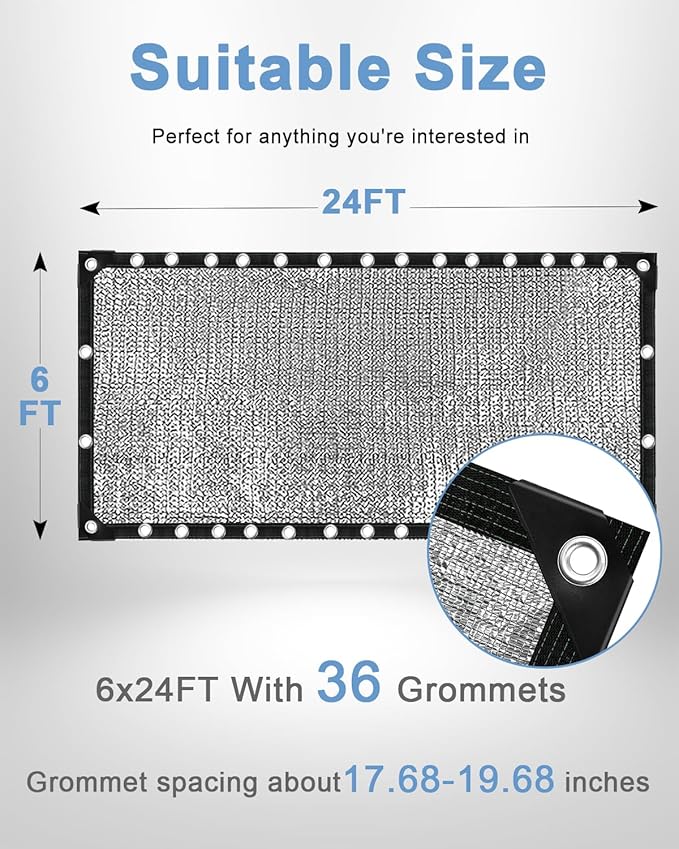 vensovo 95% Aluminum Shade Cloth - Reflective Aluminium Shade Netting Sun Shade Cover with Grommets for Cars, Dogs, Outdoor, RV, Patio (6x24FT)