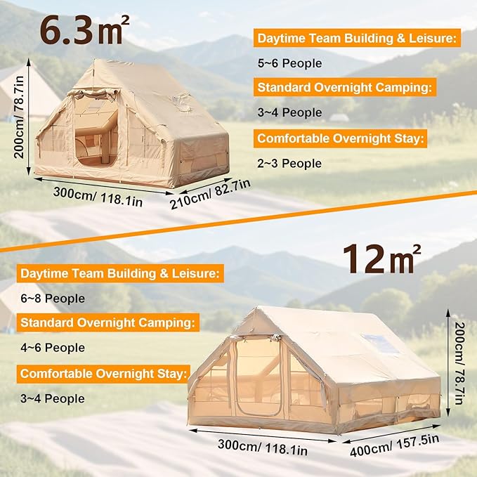 Inflatable Camping Tent with Automatic Electric Pump, Luxury Air Glamping Equipment with Stove Jack, Breathable 420D Oxford Tent, 12㎡ Spacious Outdoor Living Space