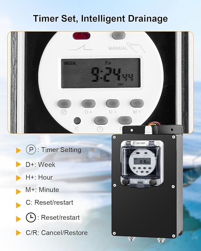 IP67 Waterproof Dry Bilge Pump System, Bilge Pump Timer Switch & Auto/Manual Control Switch, 360°Adjustable Angle Chain & Flat Port Drain for Fishing Boats with Water Storage