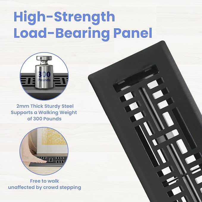 Howeall 2x12 Inches Heavy Duty Walkable Floor Register Easy Adjust Air Supply Lever Floor Vents - Seattle Design - Vent Cover for Home Floor - Matte Black