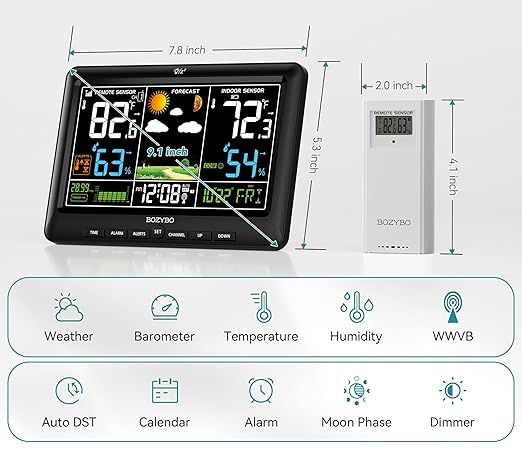 Weather Station Wireless Indoor Outdoor Thermometer: BOZYBO Digital Atomic Clock with Indoor/Outdoor Temp, Temperature Gauge Weather Clock with Calendar and Adjustable Backlight