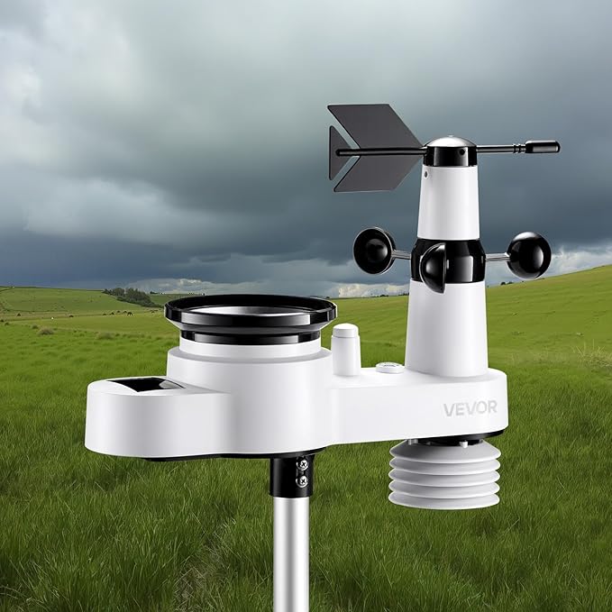 VEVOR 5-in-1 Wireless Weather Station, 7.5-Inch VA Display, Solar Powered Outdoor Sensor, Rain Gauge, Indoor Outdoor for Weather Forecast, Temperature, Humidity, Wind Speed and Direction (No WiFi)