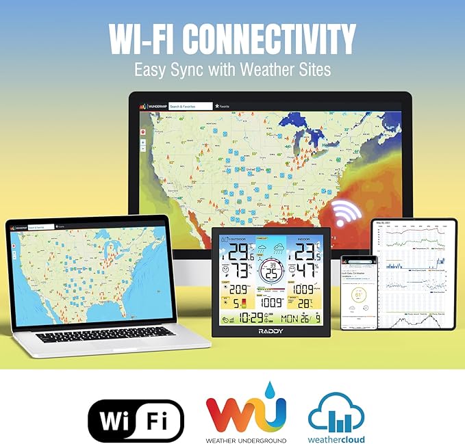 Raddy WF-120C Professional Wi-Fi Weather Station Wireless, Indoor Outdoor Temperature & Humidity Monitor with 10" Digital Color Display, Rain Gauge, Wind Speed, Weather Forecast, UV & Light Index
