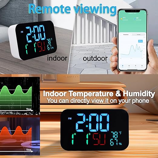 Luocute WiFi Smart Clock, Weather Station Alarm Date Day Large Display Brightness Adjustable Thermometer Humidity Digital Clock Compatible with Tuya Smart App, for Home Office (White Shell- Blue
