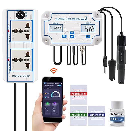 WiFi Pool Salt Tester and pH Monitor, Aquarium pH Monitor with pH Controller Online, Salinity Tester for Saltwater Pool Koi Fish Pond Aquaculture Aquarium Desalination Tuya APP Control