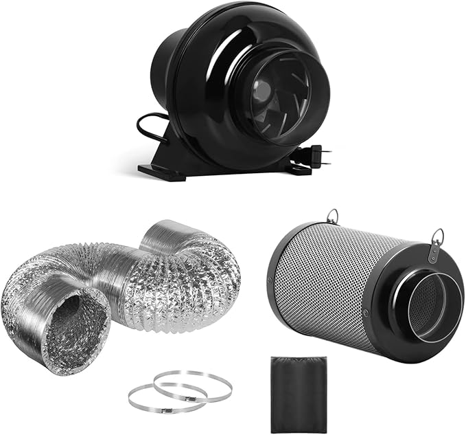 iPower 4 Inch 195 CFM Inline Ventilation Fan Quiet Vent Blower Carbon Filter with Prefilter, 8 feet Aluminum Ducting for Grow Tent Air Circulation