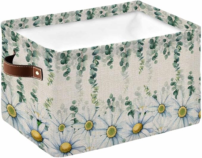 Daisy Eucalyptus Leaves Storage Bins Cubes Waterproof Cloth Storage Basket,Rustic Weeping Botanical Linen Foldable Storage Bags for Shelf Clothes Storages Organizers with Handles 15x11x9.5 in 1PCS