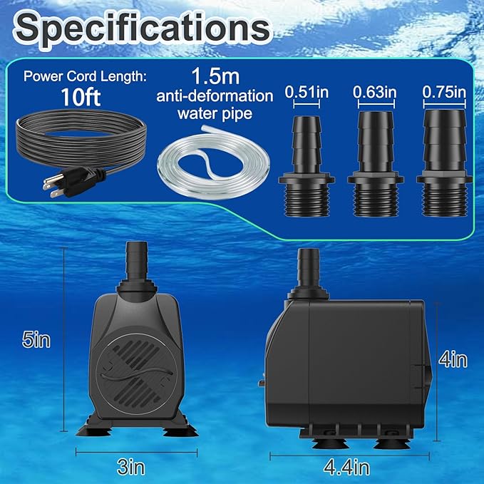 SongLong 60W 800GPH Ultra Silent Water Pump | 10ft 3-Pin Cord with Tubing, Overheat Protection | Perfect for Small Fountains, Fish Ponds & Hydroponics