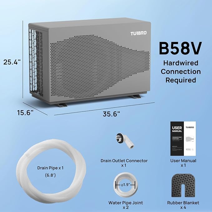 TURBRO 58,000 BTU DC Inverter Swimming Pool Heat Pump, WiFi Control Electric Pool Heater for Above and Inground Pools up to 18,000 Gal, Heating and Cooling, Up to 15.8 COP, 220-240V, Beluga B58V