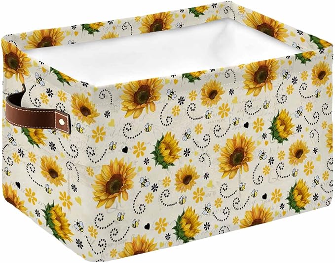 Vintage Sunflower Storage Bins Cubes Waterproof Cloth Storage Basket, Summer Botanical Farmhouse Floral Foldable Storage Bags for Shelf Clothes Storages Organizers with Handles 15x11x9.5 in 1PCS