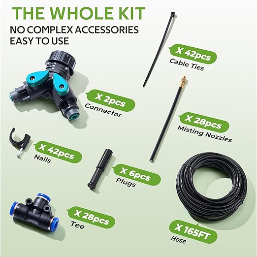 HIRALIY 360° Adjustable Drip Irrigation System 165FT, 1/4" Tubing with Adjustable Copper Nozzles, Automatic Atomizing Watering Kit for Garden, Yard, Lawn, Greenhouse & Potted Plants