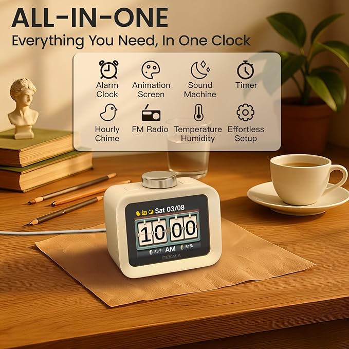 Dekala AuraDot Cute Aalarm Clock Temperature Humidity Monitor, White Noise Sound Machine for Sleep 30 Non-Loop Soothing Sounds, Animationed Sleep Screen, 7-Day Programmable 4 Alarm Clock