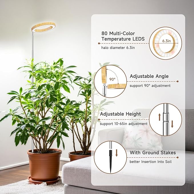 Aokrean Grow Lights for Indoor Plants, Full Spectrum Plant Lights for Indoor Growing, Height Adjustable 10"-65" Faux Wood Grain Grow Lamp with 6/12/16H Timer, 3 Optional Spectrums, 5 Brightness