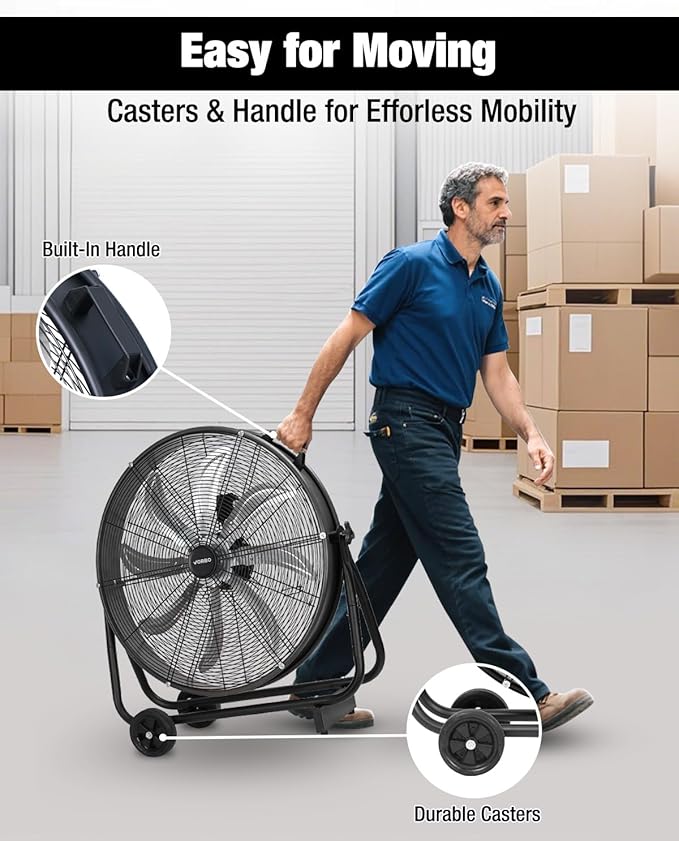 24 Inch Industrial Drum Fan, 9,500 CFM High Velocity 3-Speed Heavy Duty Metal Air Circulator with Casters Handle for Basement Warehouse Factory Workshops Patios