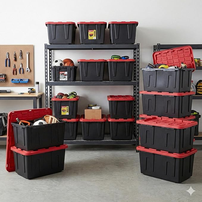 27 Gallon Heavy Duty Storage Bins with Lids – Stackable Industrial Plastic Totes for Garage Organization, Moving, and Attic Storage – Lockable Snap-Fit Container, Black/Red (2 Pack)