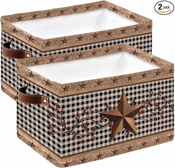 Vintage Texas Star Brown Storage Bins Cubes Waterproof Cloth Storage Basket,Black Plaid Berry Farmhouse Foldable Storage Bags for Shelf Clothes Storages Organizers with Handles 15x11x9.5 in 2PCS