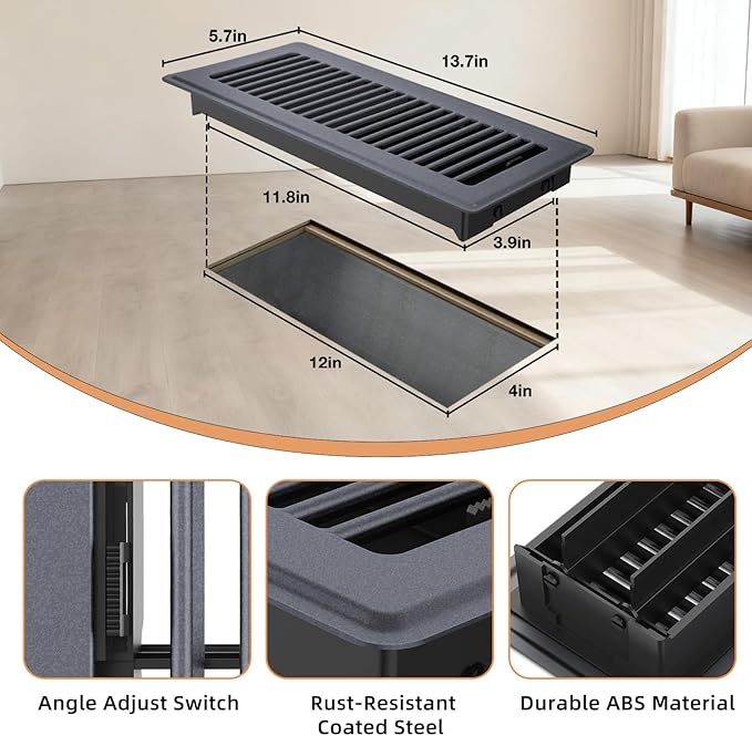 Floor Register 4 x 12, 8 Pack – Gray Heavy-Duty Steel Vent Covers for Home Floor with Adjustable Airflow Control Lever, Easy Installation and Quiet Operation for HVAC Systems Floor Vent